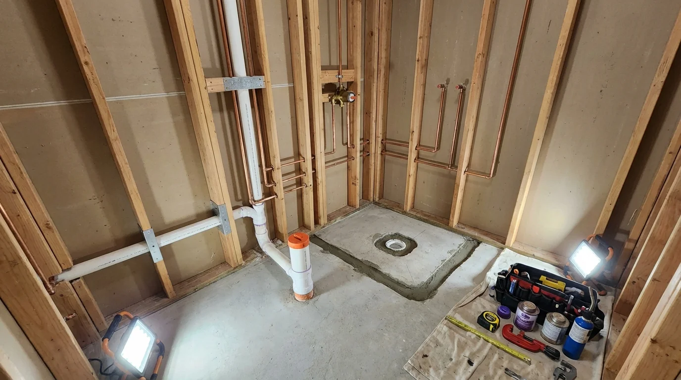 Bathroom rough-in plumbing during remodel by Johns Plumbing LLC in Lake Lure