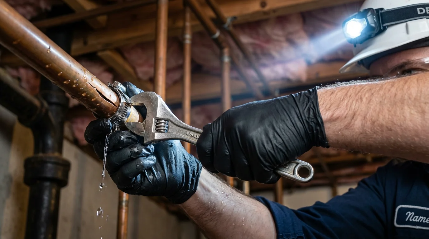 Emergency pipe clamp repair being performed by a Johns Plumbing LLC plumber in Lake Lure