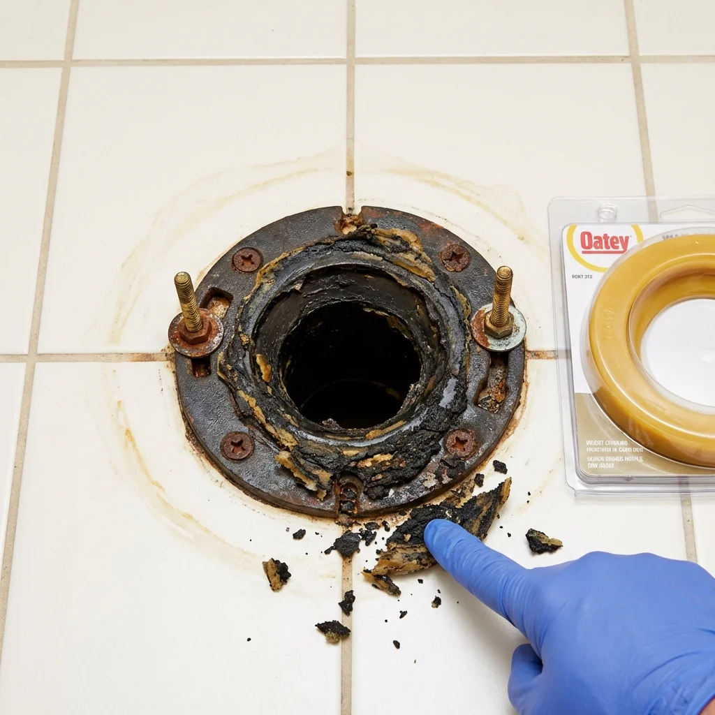 Failed wax ring showing water seepage at the base of a toilet in a Lake Lure, NC home