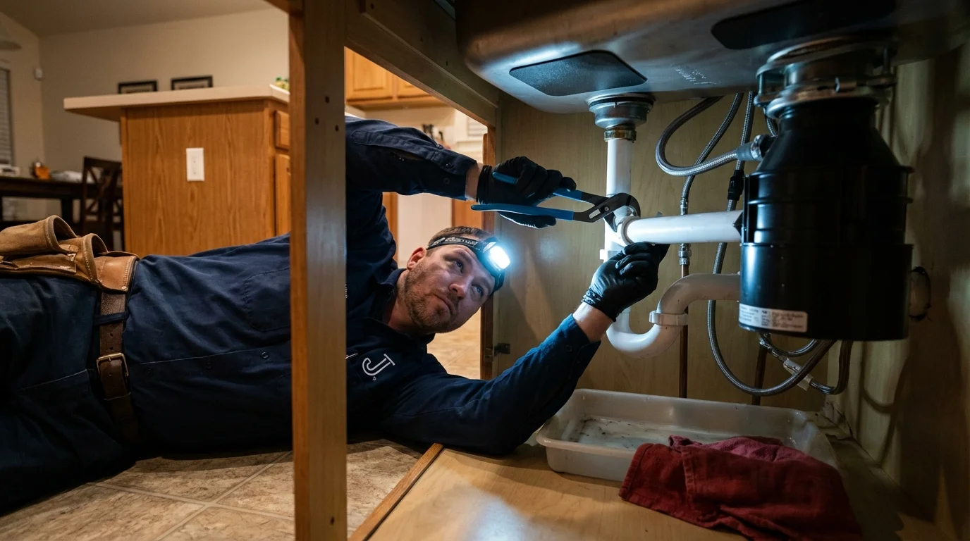 P-trap and supply line connections under a kitchen sink showing a common leak point in Lake Lure, NC